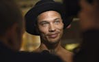 Jeremy Meeks, the model who was referred to as "the hot felon," speaks to media backstage before the Philipp Plein fashion show, Monday, Feb. 13, 2017