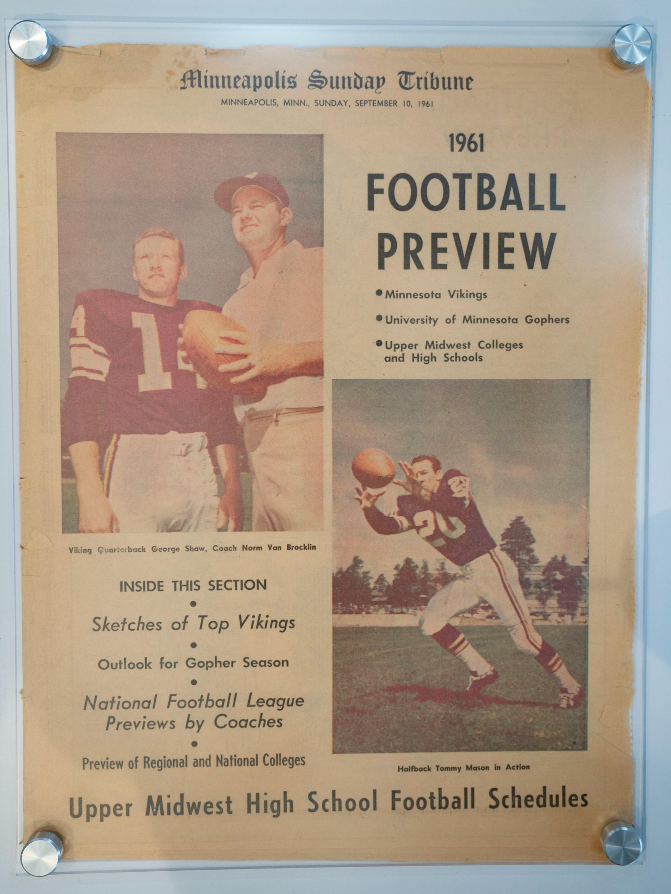 The Minneapolis Sunday Tribune's preview of the Vikings first game and season featuring quarterback George Shaw was on display at the Vikings Museum in Eagan.