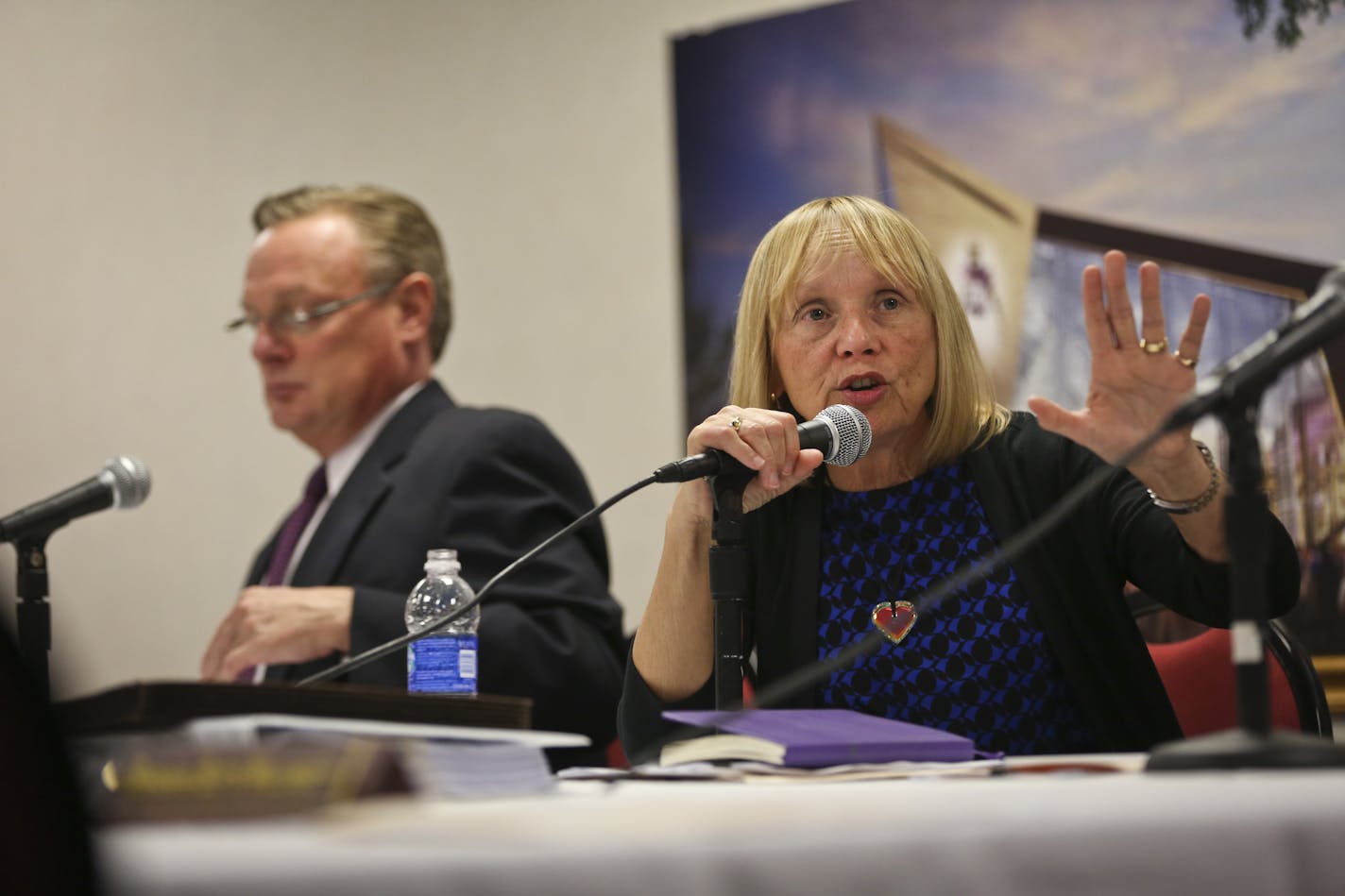 Minnesota Sports Facilities Authority chair Michele Kelm-Helgen talked about the final agreements for the Vikings stadium during a press conference in Minneapolis, Minn., on Thursday, October 3, 2013. At her left is Ted Mondale, executive director of the Minnesota Sports Facilities Authority.