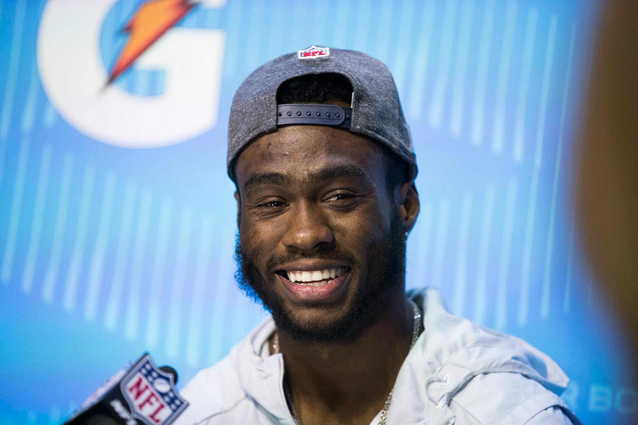 Brandin Cooks of the New England Patriots talks to the media.