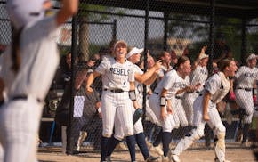 Champlin Park players cheer after two runs scored in the fifth inning to tie the game against White Bear Lake 2-2. Champlin Park went on to a 3-2 vict