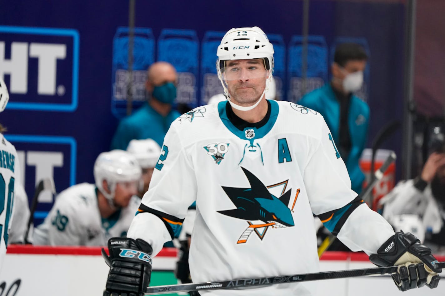 San Jose Sharks left wing Patrick Marleau (12) in the second period of an NHL hockey game Thursday, Jan. 28, 2021, in Denver. (AP Photo/David Zalubowski)