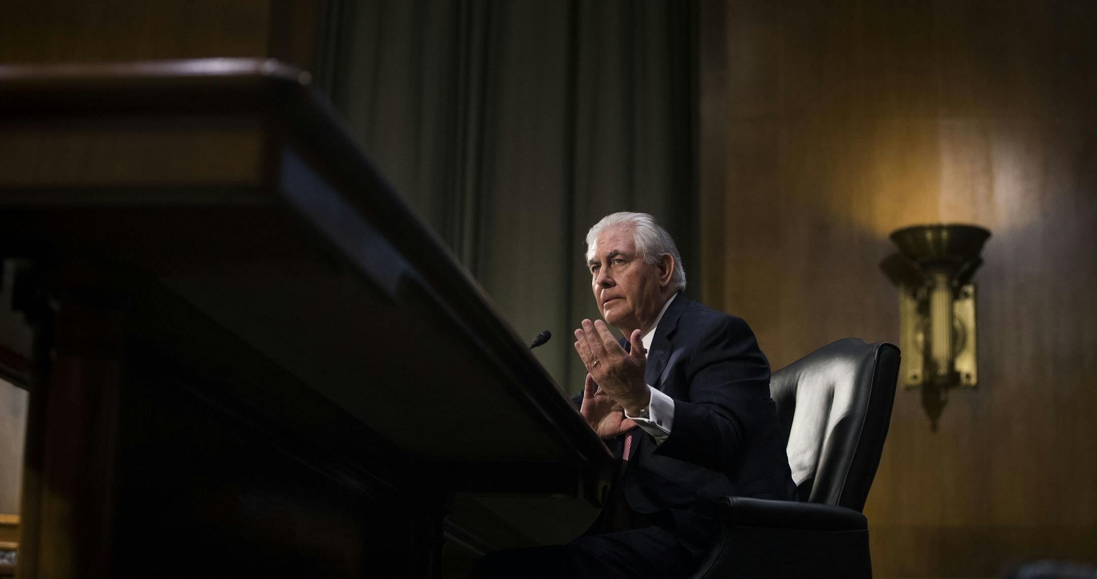 Rex Tillerson, the former Exxon Mobil chairman and Donald Trump’s nominee for secretary of state, at his Senate confirmation hearing in Washington, Jan. 11, 2017. Chinese state news media lashed out at Tillerson on Friday, warning that his call to deny China access to islands it has constructed in the South China Sea could provoke a conflict. (Doug Mills/The New York Times)