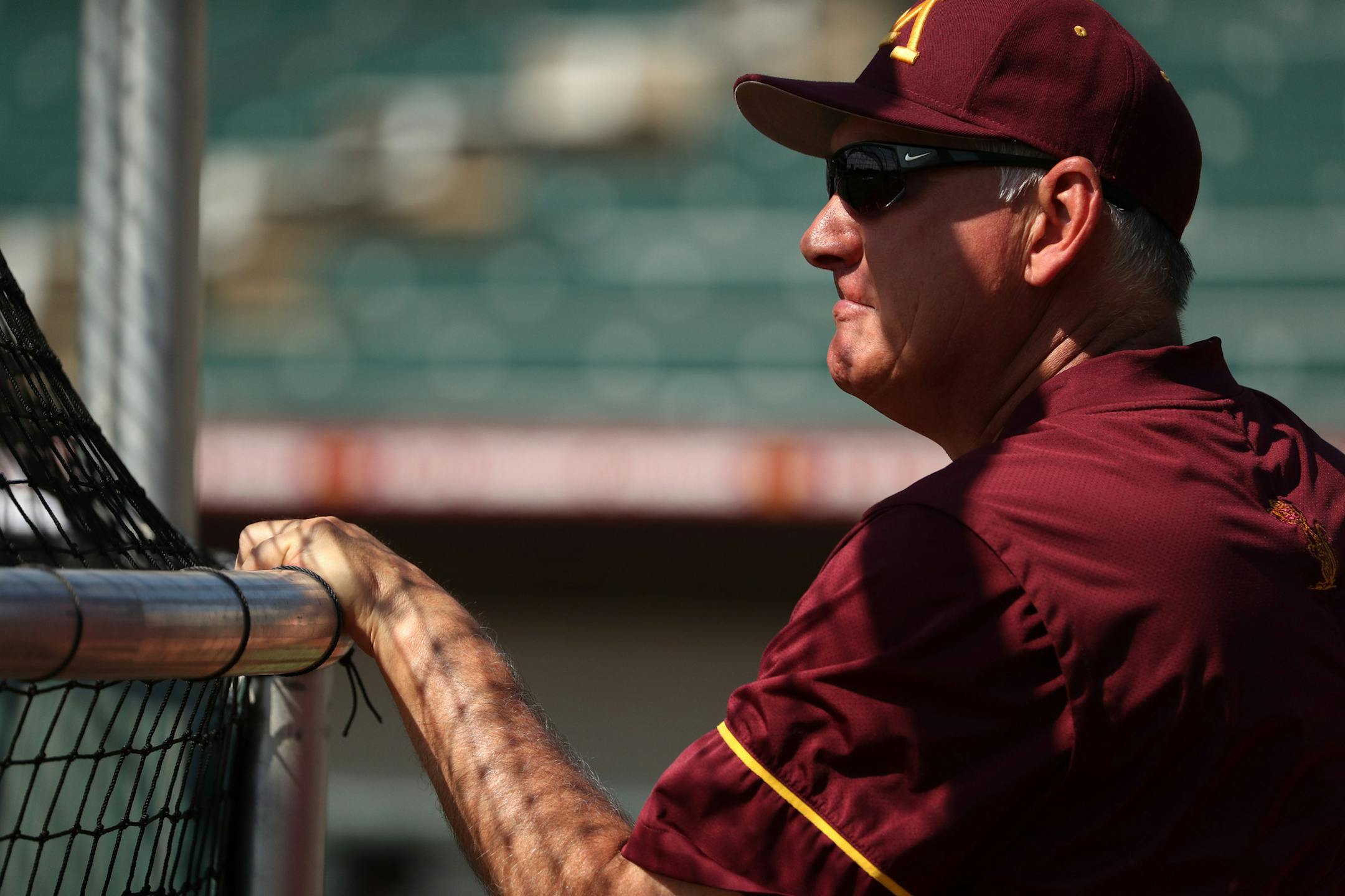 Gophers baseball head coach John Anderson watched his players during batting practice at Siebert Field.