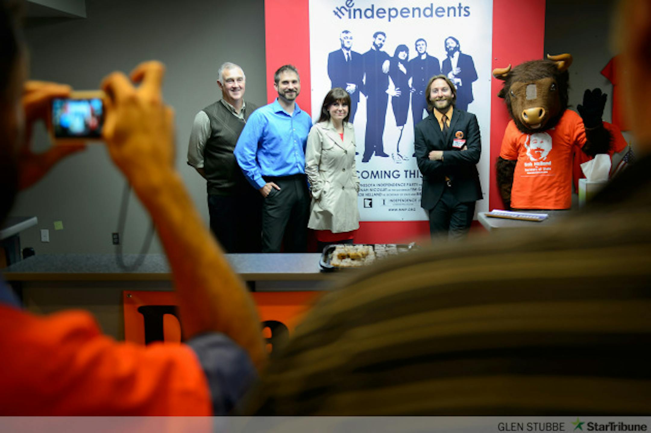 Independence Party candidates Pat Dean for State Auditor, Brandan Borgos for Attorney General, Hannah Nicollet for Governor and Bob Helland for Secretary of State posed for a group photo during the grand opening.   The Minnesota Independence Party held a grand opening for its campaign headquarters in St. Paul Thursday, September 18, 2014.    ]   Thursday, September 18, 2014   GLEN STUBBE * gstubbe@startribune.com