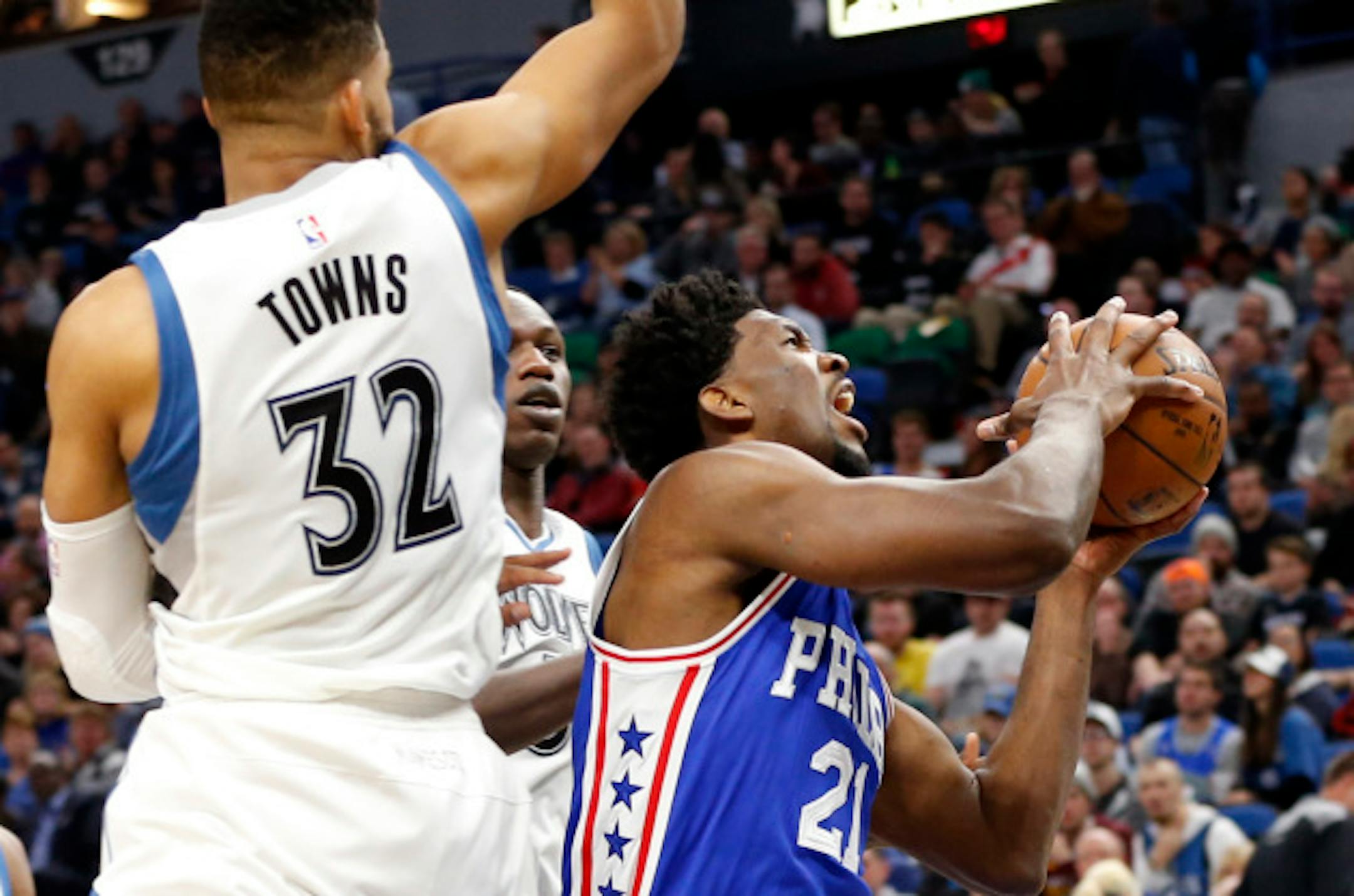 Sixers star center Joel Embiid (21) participate in a morning shootaround Tuesday at Target Center. He is expected to play against Karl-Anthony Towns and the Wolves tonight.