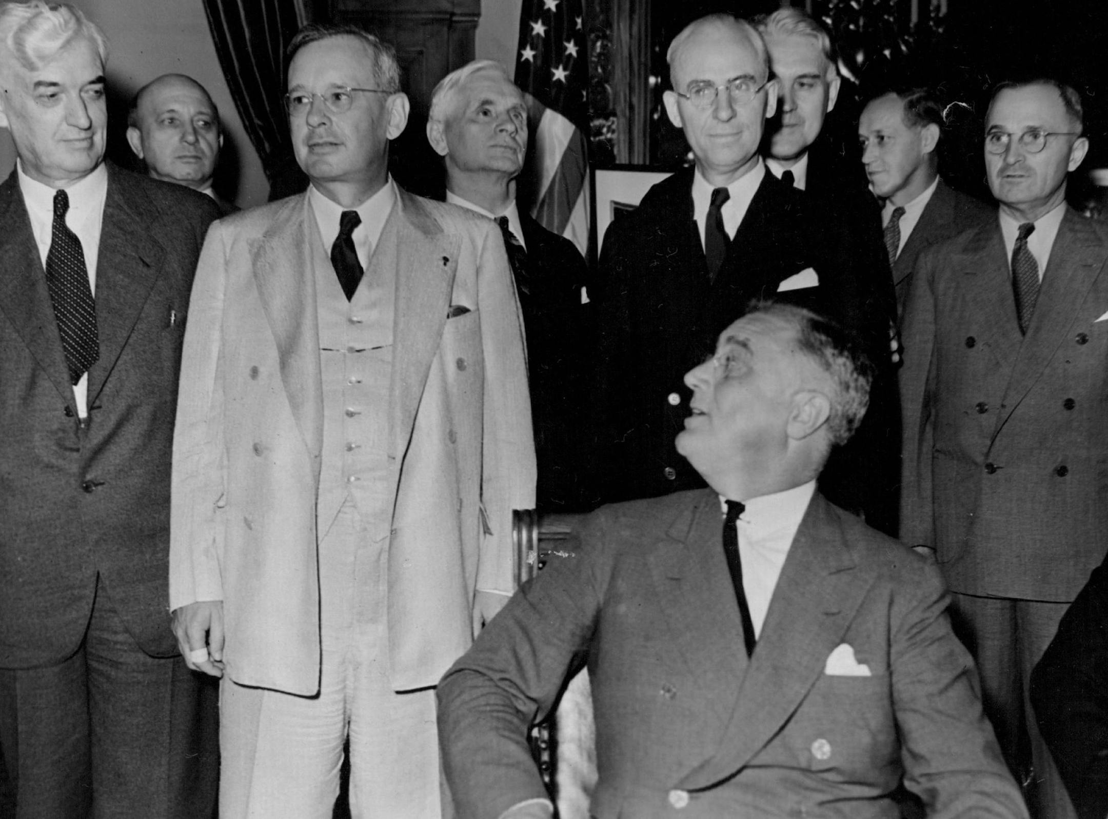 September 4, 1936 Roosevelt Landon meet in drought conference. The Iowa Capitol was the scene yesterday of a dramatic meeeting between President Roosevelt and his chief rival in the coming election, Gov. Alf H. Landon. The historic meeting at the candidates for the presidency occurred during the conference between the Chief Executive and . Governor and legislators of the sun-baked prairis states about the drought problem. President Roosevelt, seated, turns to say a word of greeting to Gov. Alf M
