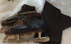 My Father';s wool scarf and ice skates from the early 1940s New York City. These skates and scarf of my father&#x2019;s, Dr Richard Nacewski (1930-199