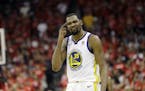 Golden State Warriors forward Kevin Durant (35) reacts after a play against the Houston Rockets during the second half in Game 7 of the NBA basketball