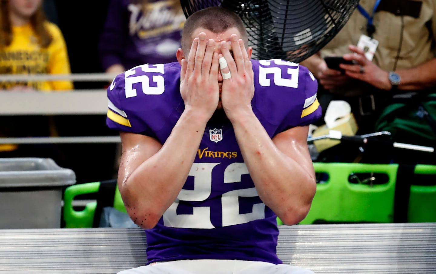 Vikings safety Harrison Smith (22) sat on the bench at the end of the game. Detroit beat Minnesota by a final score of 22-16 in overtime.