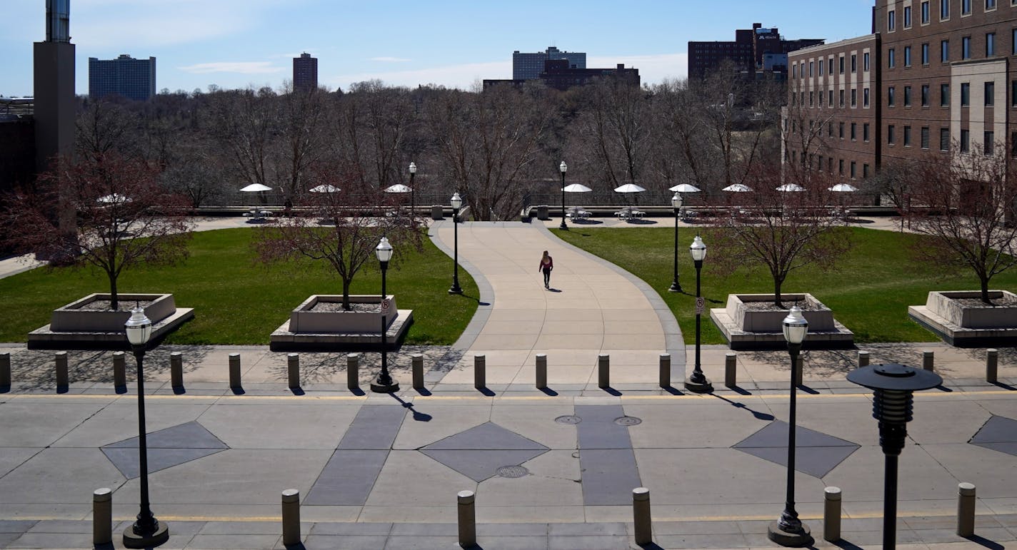 A mostly deserted University of Minnesota campus shown in April. University of Minnesota President Joan Gabel announced plans to resume "fully on-campus operations" this fall.