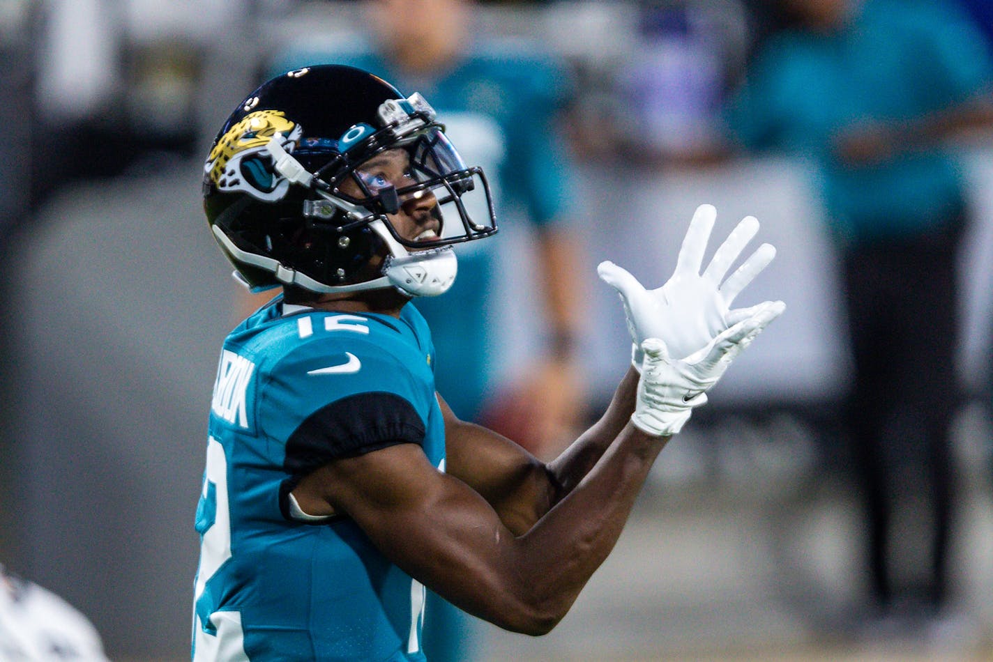 Jacksonville Jaguars wide receiver Dede Westbrook (12) during warm ups before an NFL football game against the Miami Dolphins, Thursday, Sept. 24, 2020, in Jacksonville, Fla. (AP Photo/Gary McCullough)