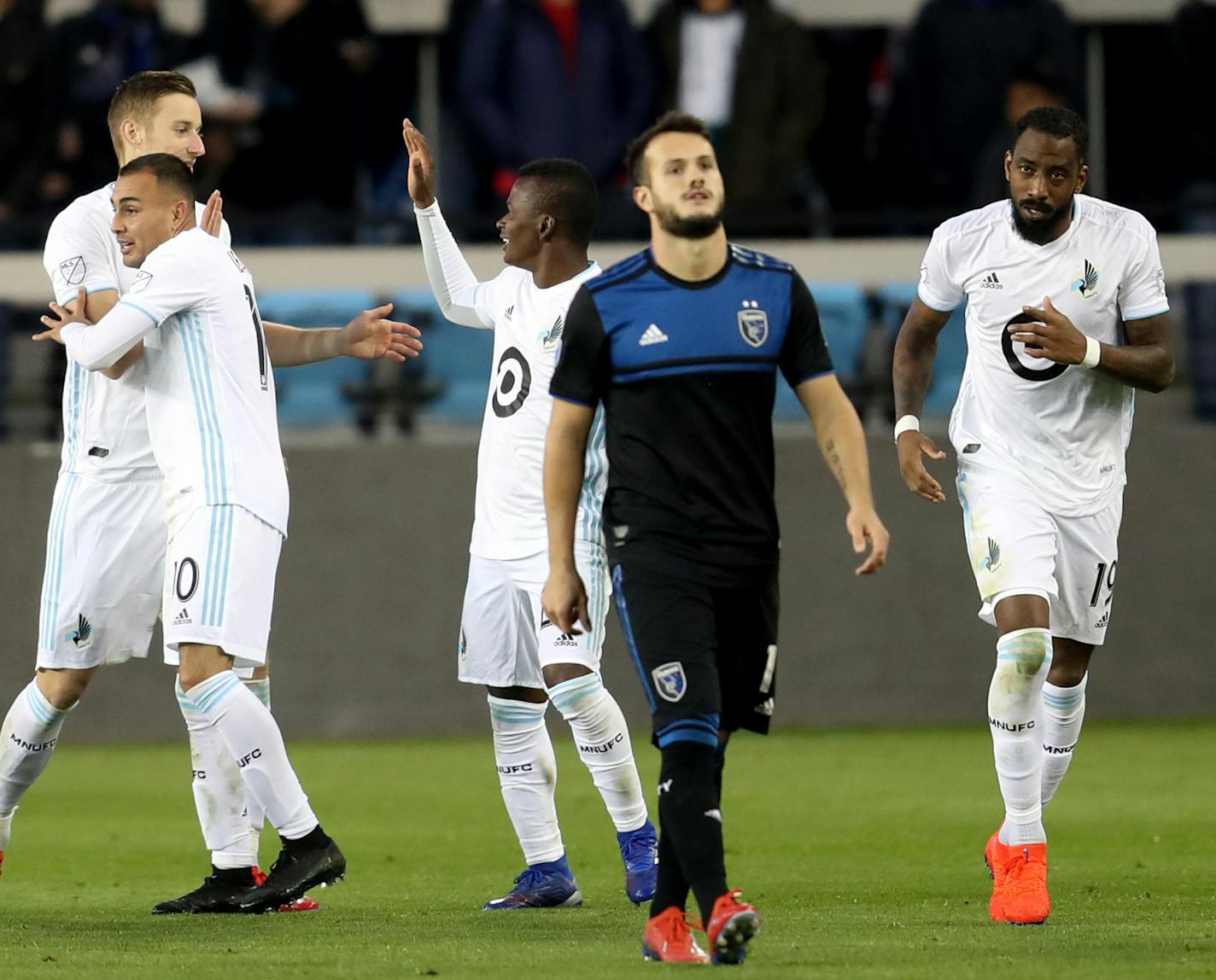 SAN JOSE, CALIFORNIA - MARCH 9: Minnesota United's Miguel Ibarra10) celebrates his goal with teammates against the San Jose Earthquakes during the second half of a MLB game at Avaya Stadium in San Jose, Calif., on Saturday, March 9, 2019. (Ray Chavez/Bay Area News Group)