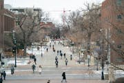 Students moved through campus during a class change at the University of Minnesota in Minneapolis.