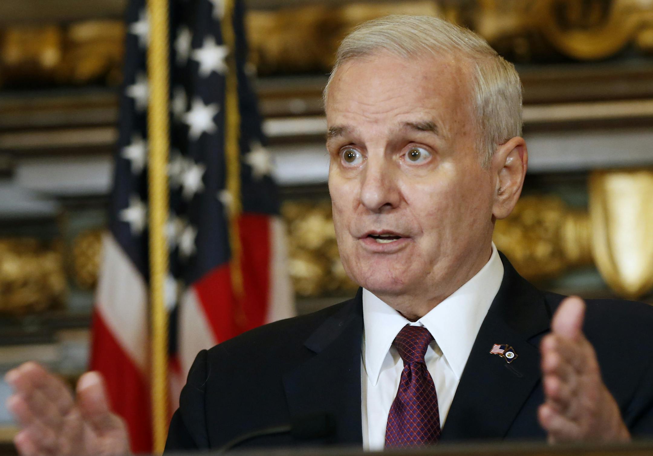 Minnesota Gov. Mark Dayton addresses the media where he discussed pending bills as the 2017 Legislature continues its duties at the State Capitol Friday, April 7, 2017, in St. Paul, Minn. (AP Photo/Jim Mone)