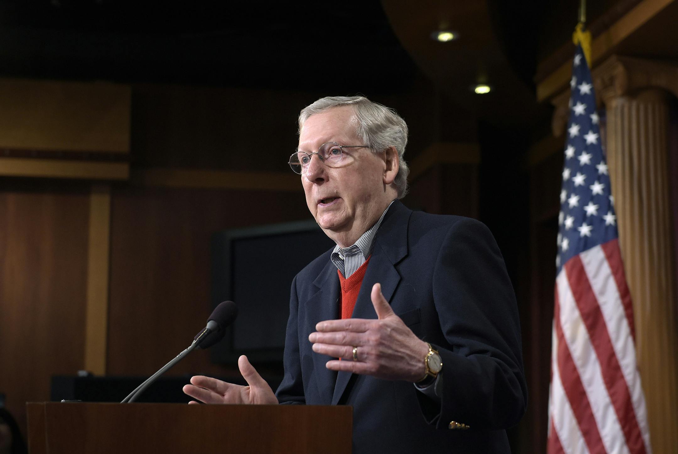 Senate Majority Leader Mitch McConnell of Ky., speaks during a news conference on Capitol Hill in Washington, Monday, Dec. 12, 2016. (AP Photo/Susan Walsh) ORG XMIT: MIN2016121215083240