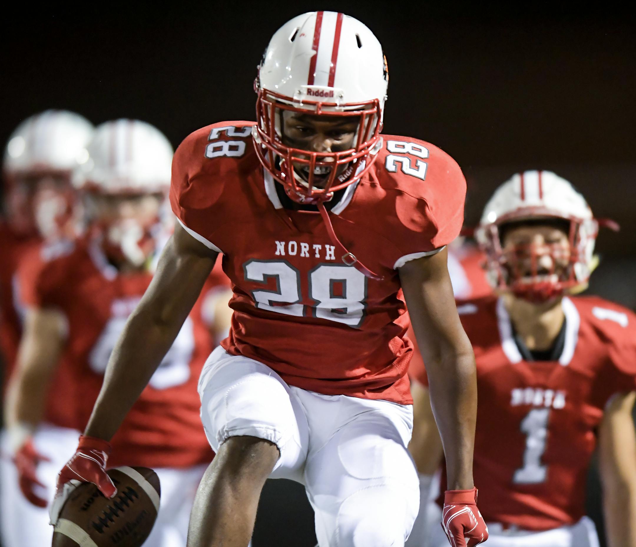 Lakeville North running back Brian Curtis Jr. (28) celebrated his second half touchdown against Eden Prairie Friday night. ] AARON LAVINSKY • aaron.lavinsky@startribune.com Eden Prairie played Lakeville North in a high school football game on Friday, Sept. 7, 2018 at Lakeville North High School.