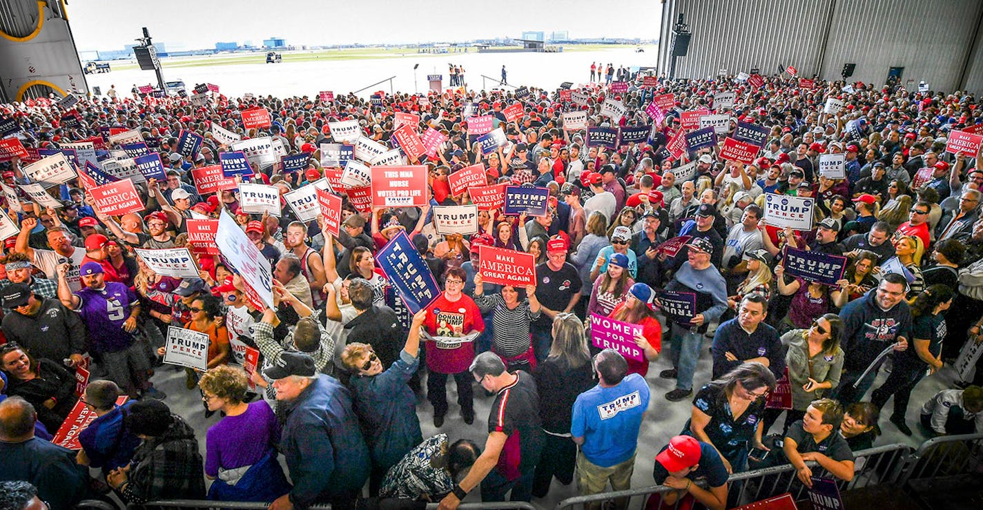 Crowds filling the Sun Country hangar at MSP waiting for Donald Trump's arrival on Sunday, November 6, 2016.