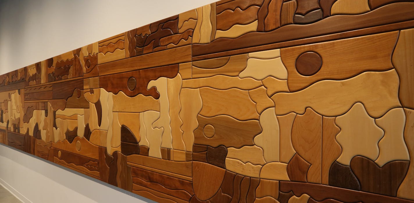 Landscape: Wood Collage by George Morrison. More than 20 top-name Minnesota sculptors, in wood, stone, metal and flotsam are featured in "Made in Minnesota," a celebration of state talent curated by H. Oransky and W. Potratz at the Katherine E. Nash Gallery, Regis Center for Art, U of MN west bank, 405 21st Av. S, Mpls. Photographed on 1/22/14.] Bruce Bisping/Star Tribune bbisping@startribune.com