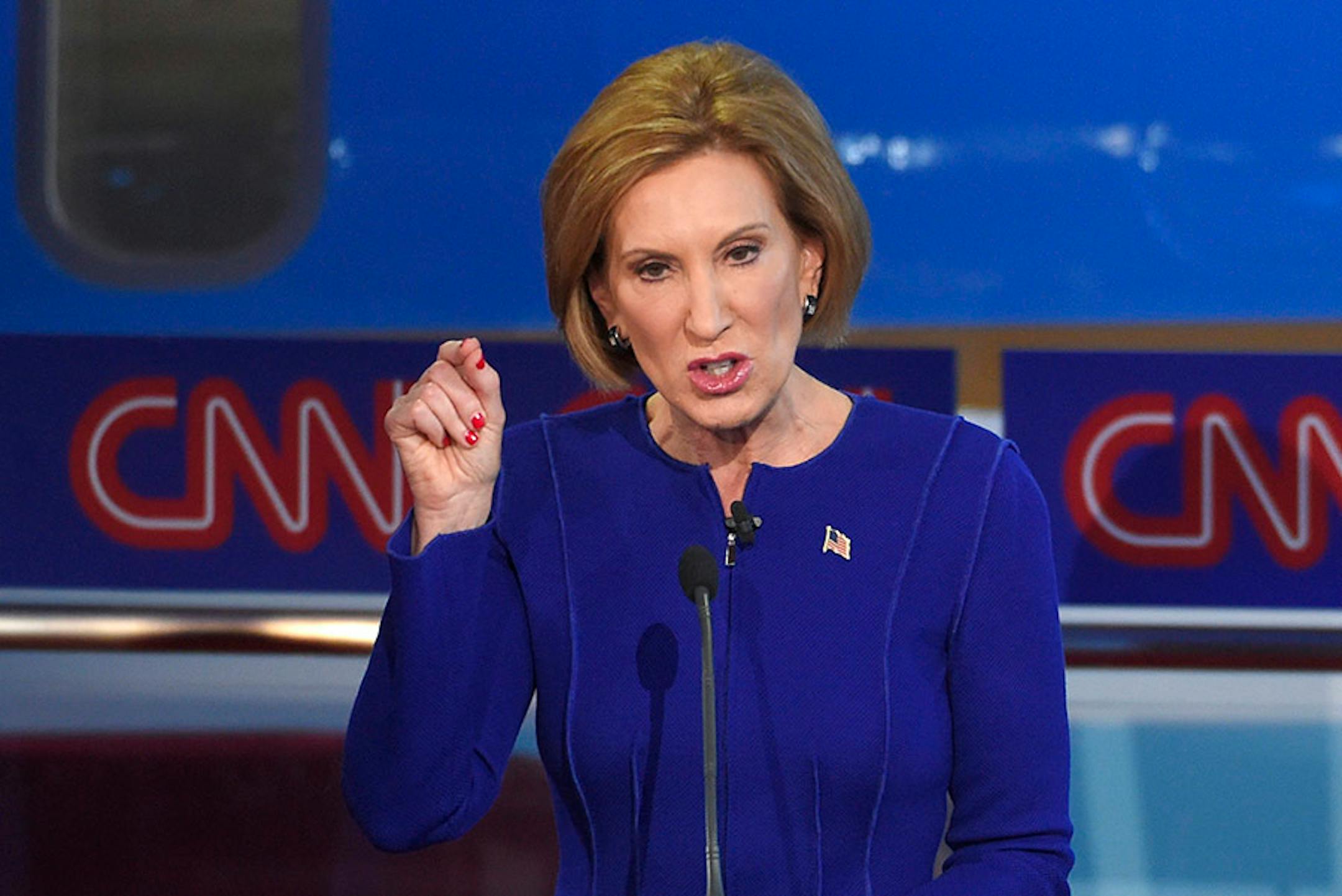 Republican presidential candidate, businesswoman Carly Fiorina speaks during the CNN Republican presidential debate at the Ronald Reagan Presidential Library and Museum on Wednesday, Sept. 16, 2015, in Simi Valley, Calif. (AP Photo/Mark J. Terrill) ORG XMIT: MIN2015091620393067