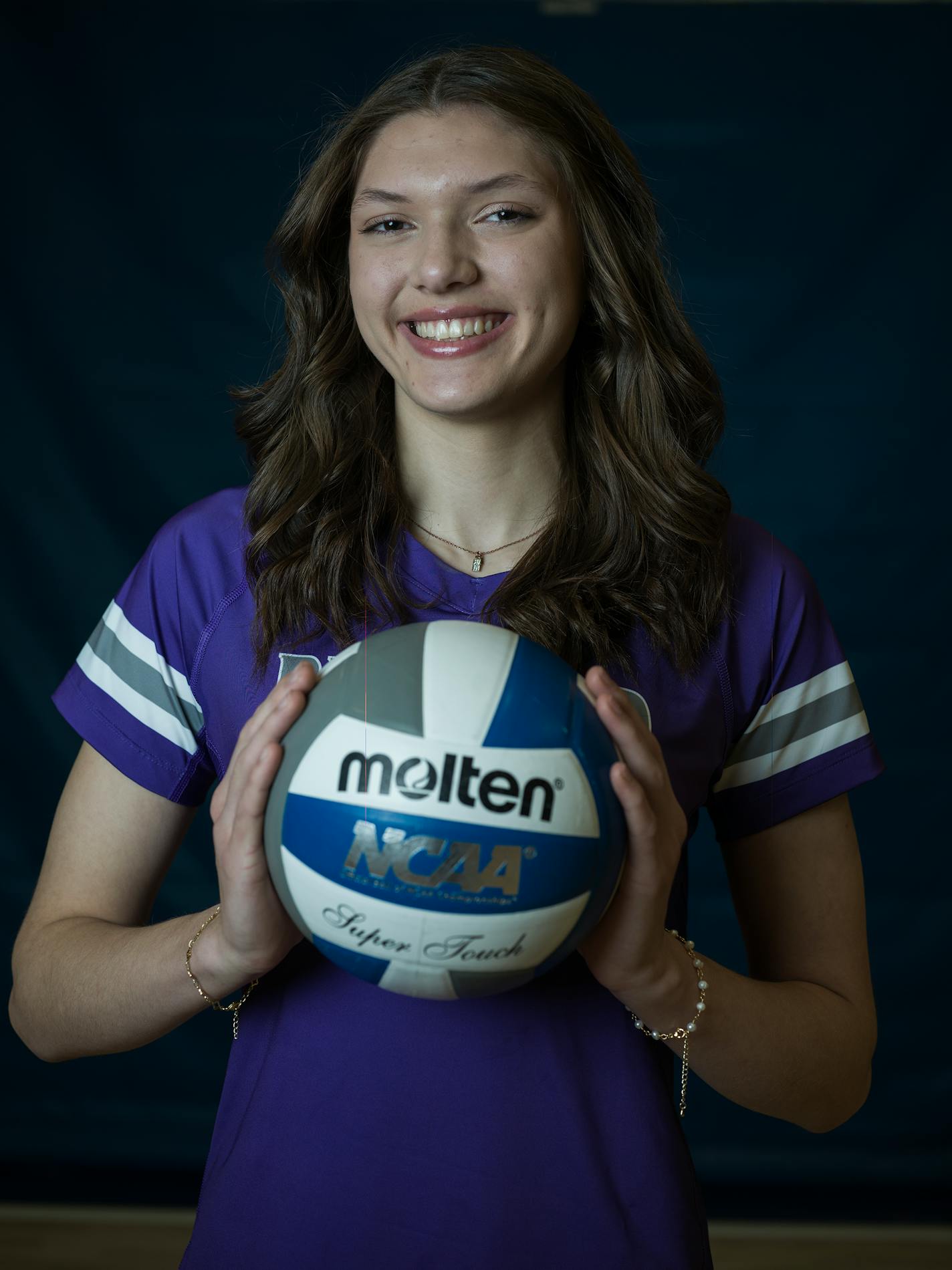 Kaia Caffee (18) of Buffalo Is one of the All-Metro volleyball team in St. Paul, Minn., on Sunday, Nov. 5, 2023. We've lined up the seven All-Metro volleyball players and the main floor at the Gangelhoff Center at Concordia University for the annual All-Metro shoot. I ] RICHARD TSONG-TAATARII • richard.tsong-taatarii @startribune.com