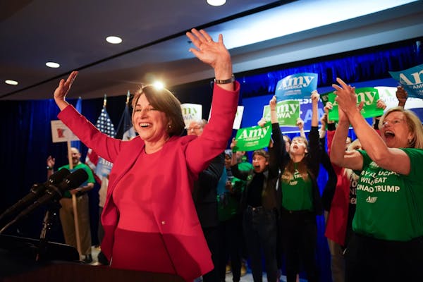 Amy Klobuchar spoke to supporters at her caucus night party Monday night in Des Moines. Behind her is former Iowa Democratic Party Chairwoman Andy McG