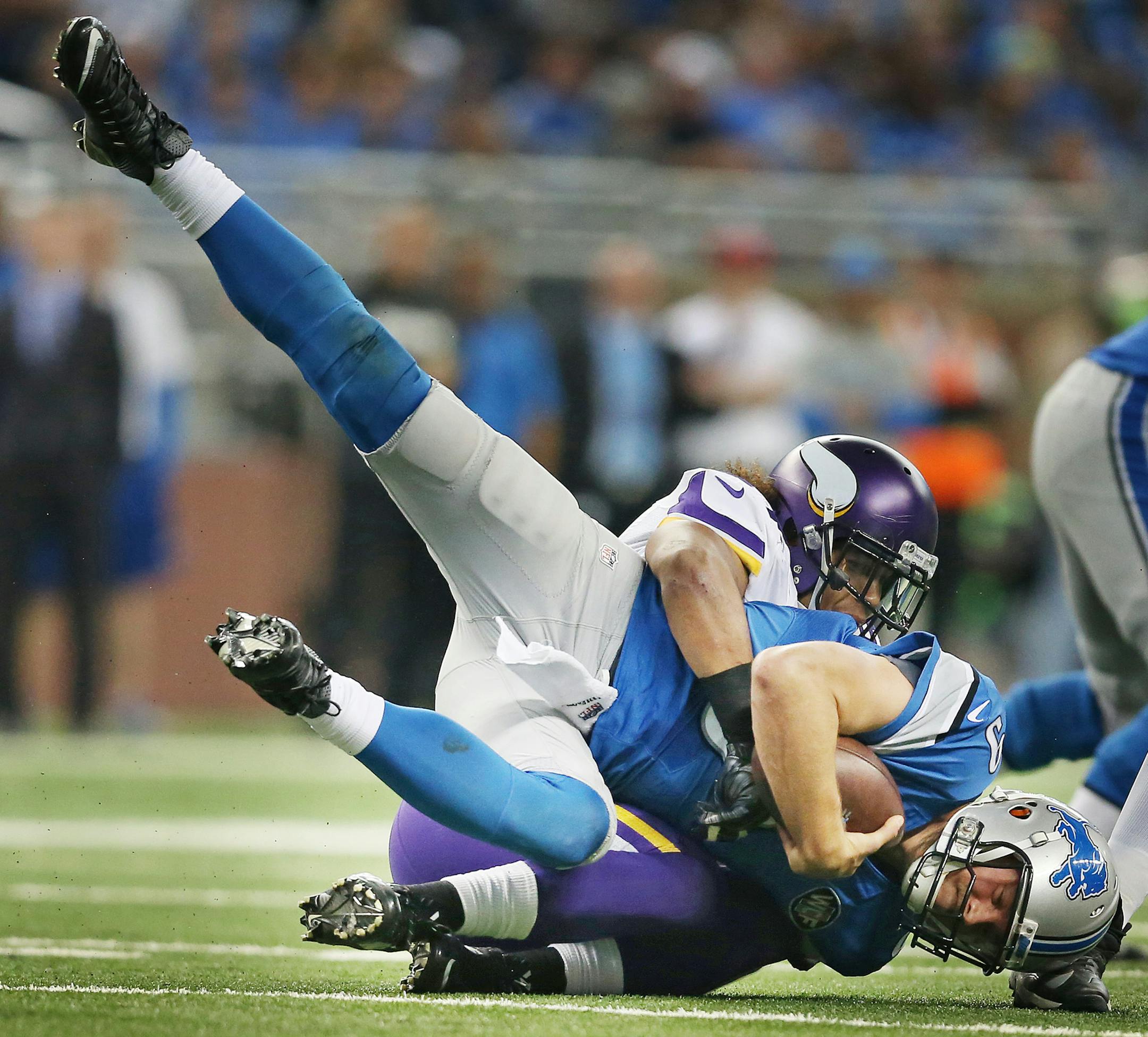 Minnesota Vikings inside linebacker Eric Kendricks (54) sacked Detroit Lions quarterback Matthew Stafford (9) in the forth quarter at Ford Field Sunday October 25, 2015 in Detroit, MI. ] The Minnesota Vikings beat the Detroit Lions 28-19 Sunday at Ford Field. Jerry Holt/ Jerry.Holt@Startribune.com