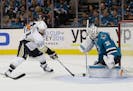 Pittsburgh Penguins right wing Phil Kessel (81) shoots against San Jose Sharks goalie Martin Jones (31) during the first period of Game 6 of the NHL h