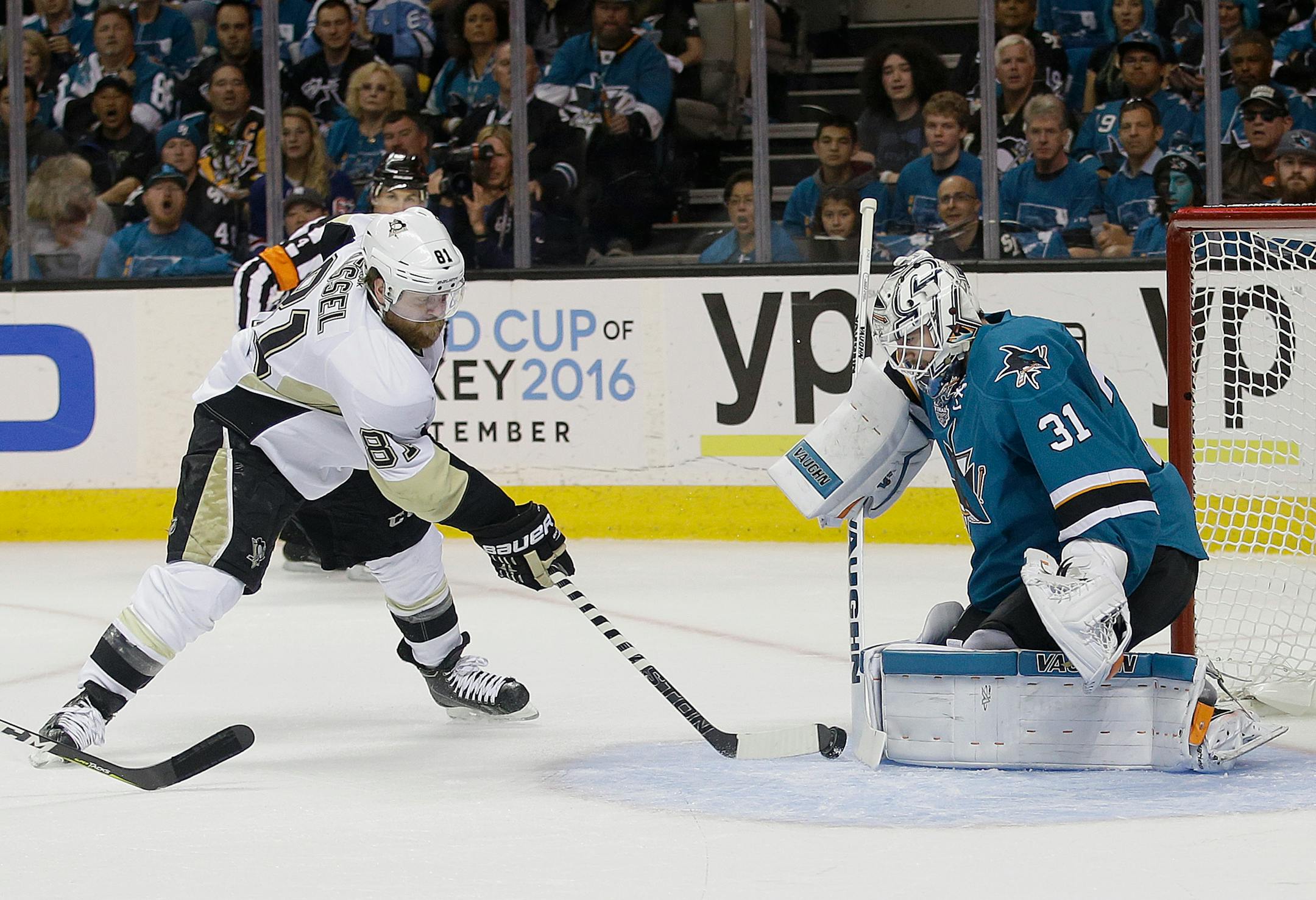 Pittsburgh Penguins right wing Phil Kessel (81) shoots against San Jose Sharks goalie Martin Jones (31) during the first period of Game 6 of the NHL hockey Stanley Cup Finals in San Jose, Calif., Sunday, June 12, 2016. (AP Photo/Marcio Jose Sanchez)