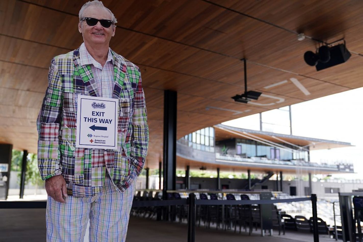 A cardboard cutout of Bill Murray, part owner of the Saints, directed guests to an exit from the ballpark.