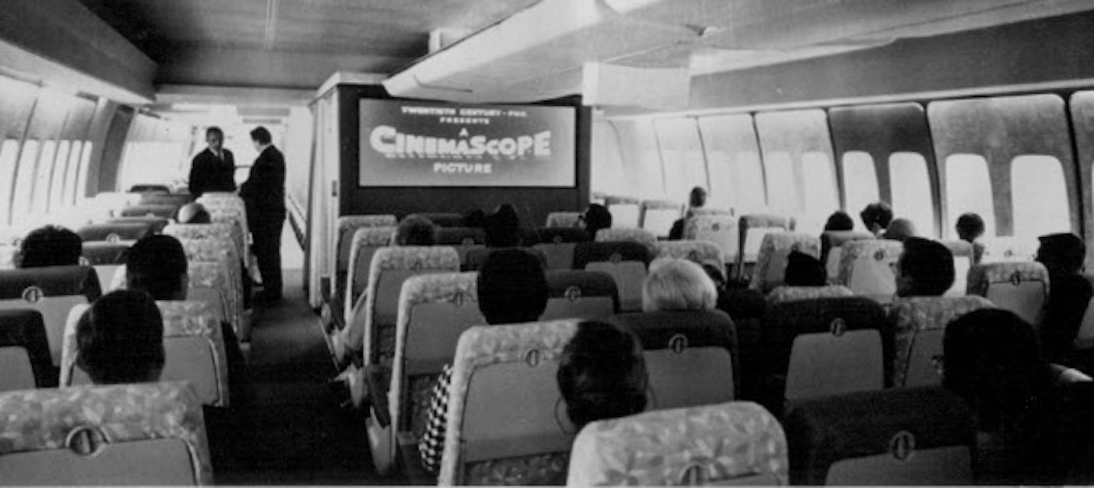 The cabin of an early Boeing 747.