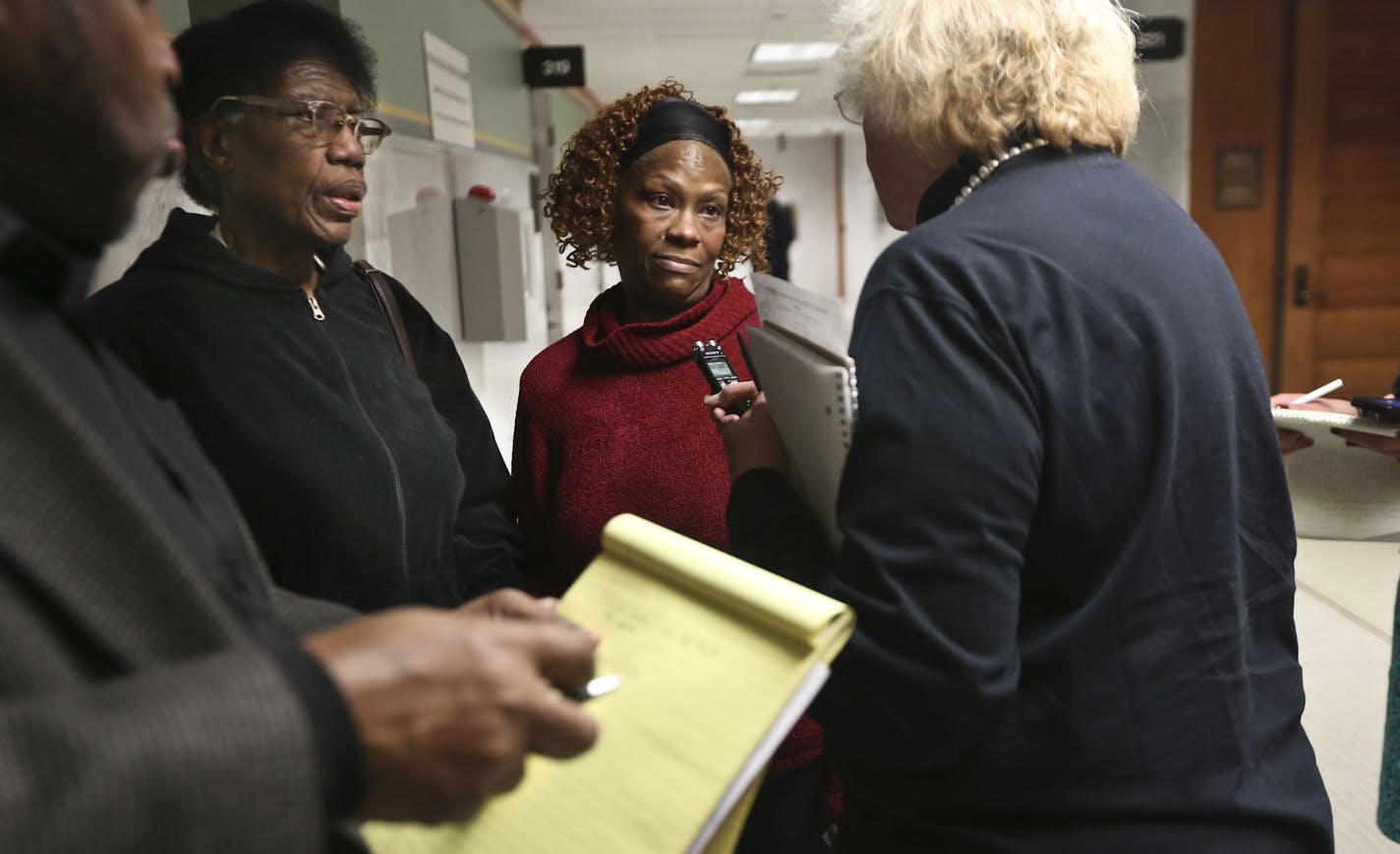 Reporters spoke with Arcola Tullis and her daughter Karen Bailey at City Hall in Minneapolis, Minn., on Wednesday, March 19, 2014. Tullis recently lost her fiance 72-year-old Raymond Callihan to a heart attack and was at the CIty Hall presentation about Minneapolis 911's cross training initiative because she had called 911 twice and waited one minute in the first call and two and a half minutes the second call to get through to a dispatcher. (RENEE JONES SCHNEIDER &#x2022; reneejones@startribune