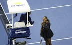 Serena Williams argues with the chair umpire during a match against Naomi Osaka, of Japan, during the women's finals of the U.S. Open tennis tournamen