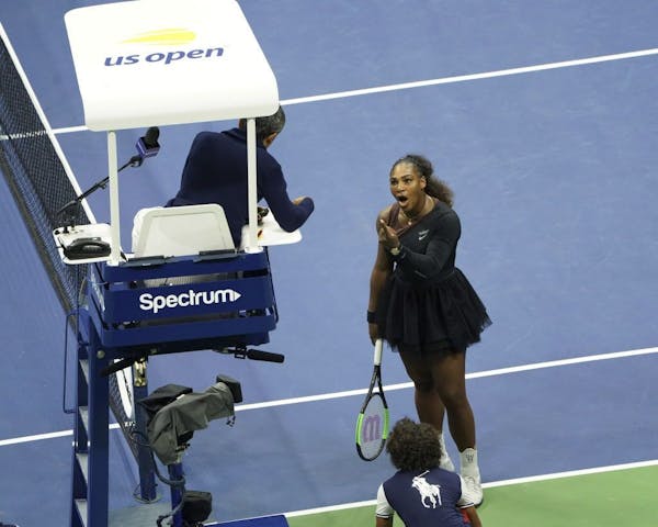 Serena Williams argues with the chair umpire during a match against Naomi Osaka, of Japan, during the women's finals of the U.S. Open tennis tournamen