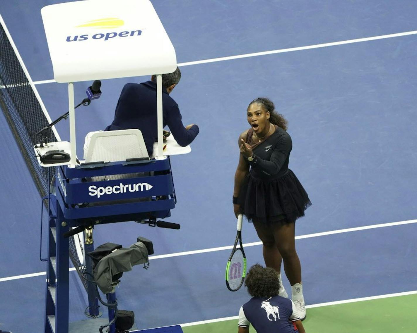 Serena Williams argues with the chair umpire during a match against Naomi Osaka, of Japan, during the women's finals of the U.S. Open tennis tournament at the USTA Billie Jean King National Tennis Center, Saturday, Sept. 8, 2018, in New York.