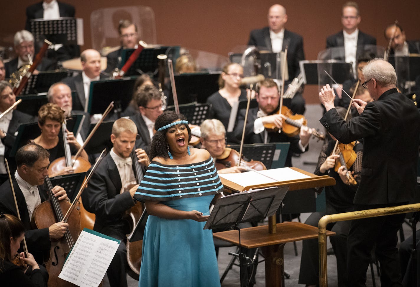 Soprano Goitsemang Lehobye sings during the South African premiere of "Harmonia Ubuntu" by composer Bongani Ndodana-Breen, during Friday's Minnesota Oerchestra concert at Cape Town's City Hall.