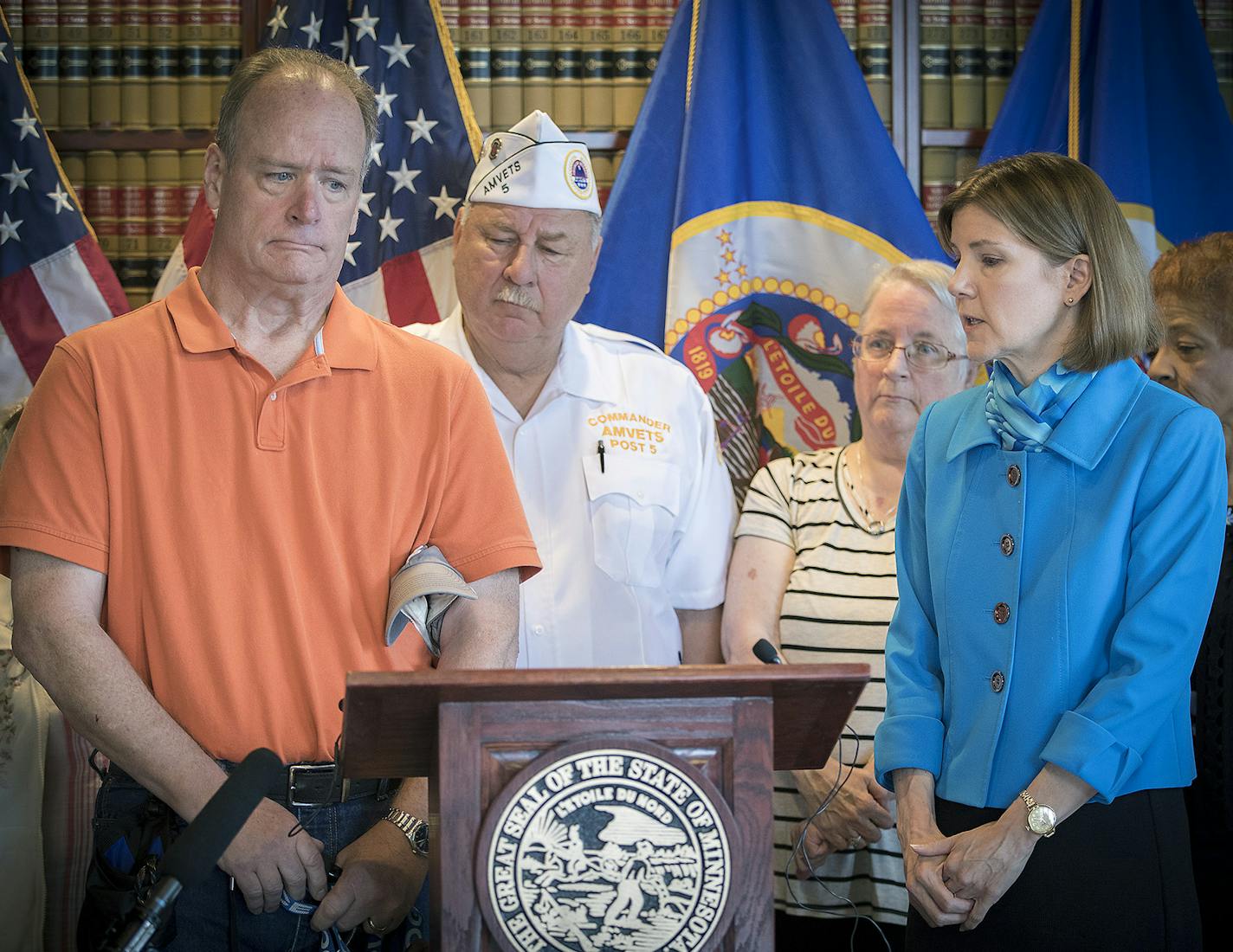 Stephen Schmalz, a Gulf War Veteran, shared his story regarding a lending scam before other veterans, seniors, and Attorney General Lori Swanson during a press conference announcing a lawsuit against the company that victimized the veterans & seniors, Wednesday, August 16, 2017 in St. Paul, MN. ] ELIZABETH FLORES &#xef; liz.flores@startribune.com