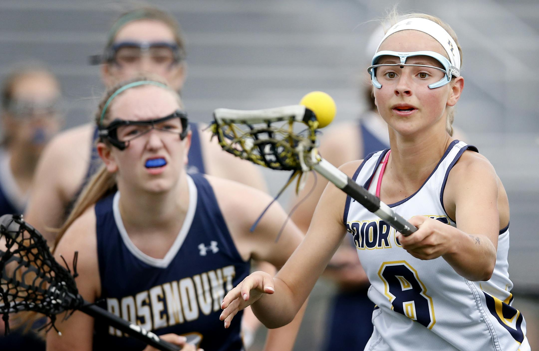 Aleah Fjelstad (8) of Prior Lake fought for control of a loose ball in the first half. ] CARLOS GONZALEZ cgonzalez@startribune.com - May 23, 2016, Prior Lake, MN, Prior Lake High School / Prep girls' lacrosse. Prior Lake vs. Rosemount