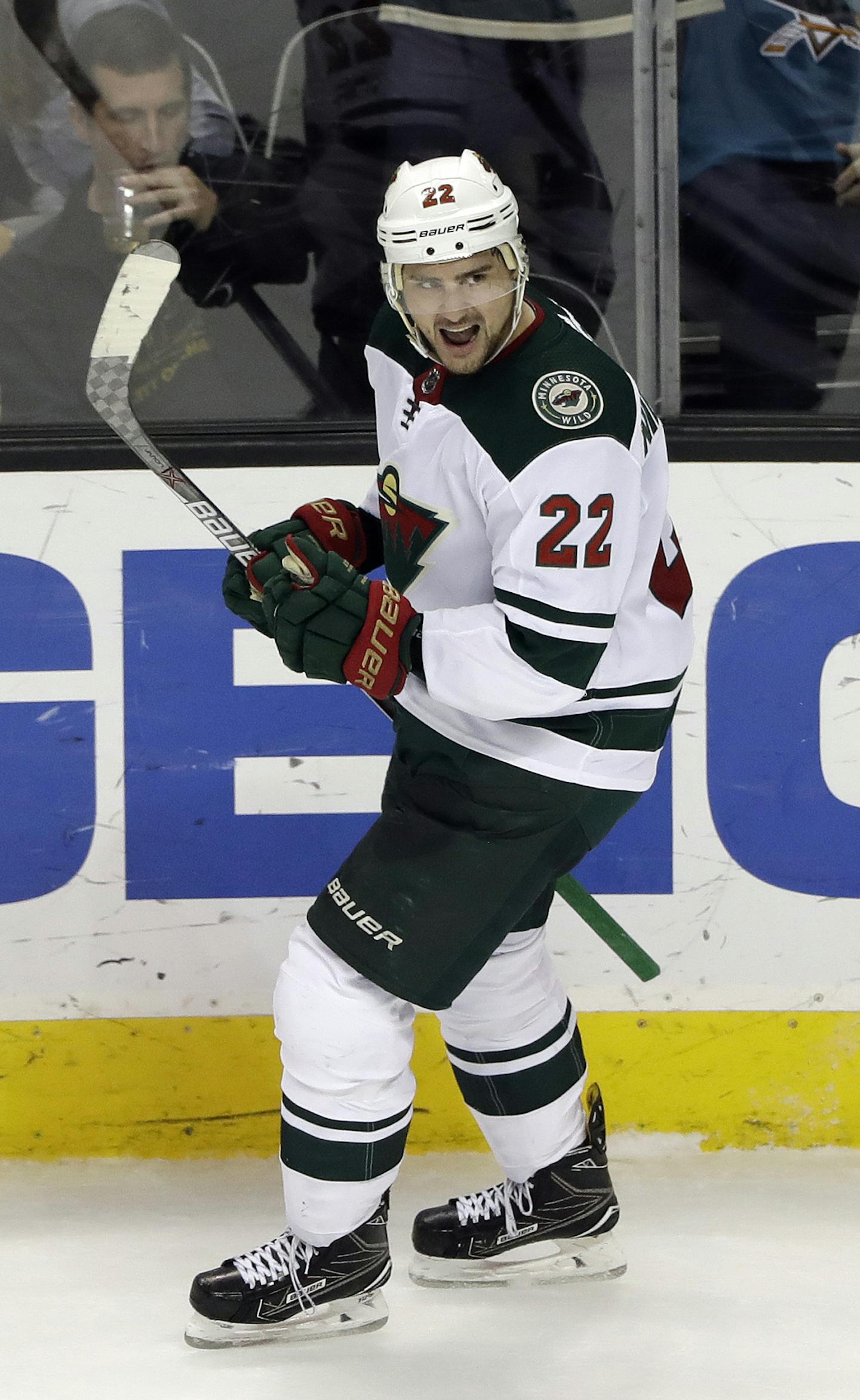 Minnesota Wild's Nino Niederreiter celebrates after scoring the game-winning goal during overtime of an NHL hockey game against the San Jose Sharks, Sunday, Dec. 10, 2017, in San Jose, Calif. Minnesota won 4-3. (AP Photo/Marcio Jose Sanchez)