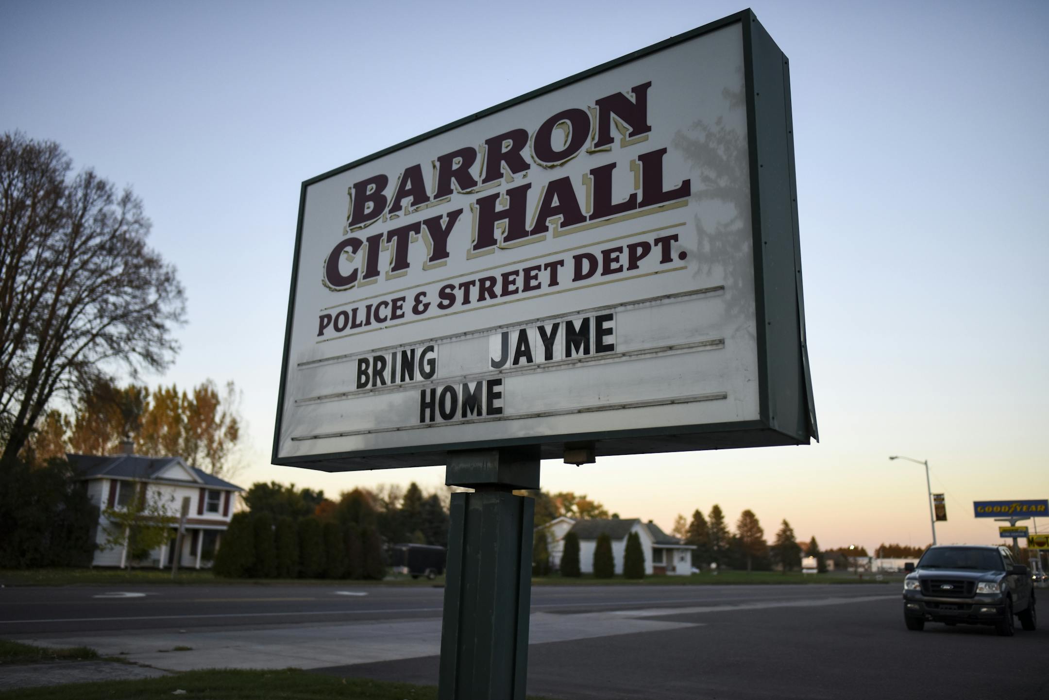 A "Bring Jayme Home" sign outside Barron City Hall Thursday night.