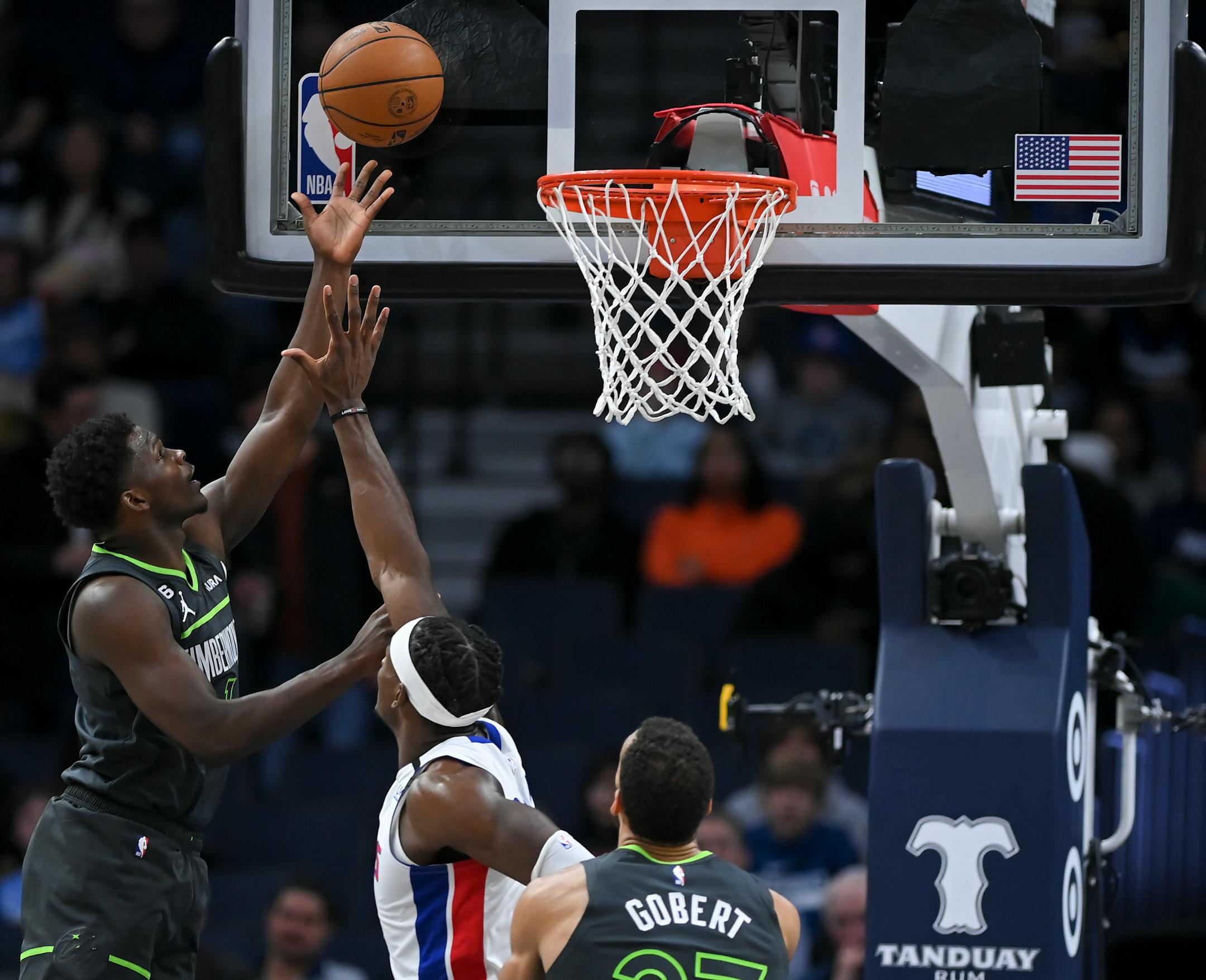 Minnesota Timberwolves guard Anthony Edwards (1) scores a layup during the first half against the Detroit Pistons Saturday, Dec. 31, 2022 at Target Center in Minneapoli, Minn.