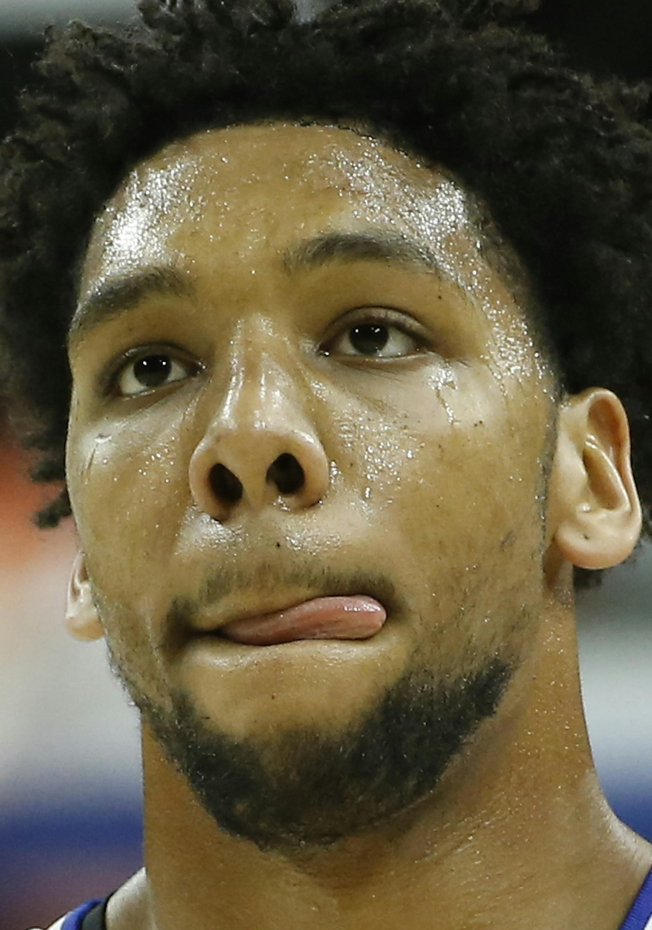 Philadelphia 76ers' Jahlil Okafor in action during an NBA preseason basketball game against the Cleveland Cavaliers, Thursday, Oct. 8, 2015, in Philadelphia. (AP Photo/Matt Slocum)