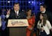 Republican New Jersey Gov. Chris Christie signals second term as he stands with his wife, Mary Pat Christie, second right, and their children, Andrew,
