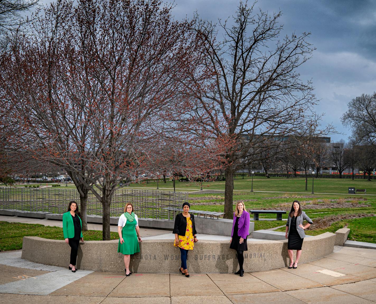 Sen. Julia Coleman, R-Chanhassen; Rep. Marion O'Neill, R-Maple Lake; Rep. Hodan Hassan, DFL-Minneapolis; Rep. Kelly Moller, DFL-Shoreview; Sen. Lindsey Port, DFL-Burnsville. Left to right.