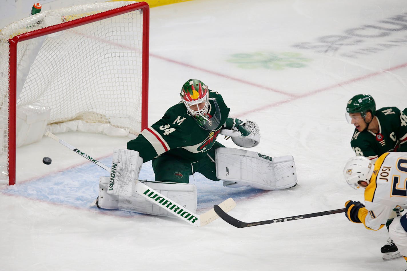 Nashville Predators defenseman Roman Josi (59) shoots a goal past Minnesota Wild goaltender Kaapo Kahkonen (34) in the first period of an NHL hockey game, Sunday, Oct. 24, 2021, in St. Paul, Minn. (AP Photo/Andy Clayton-King)