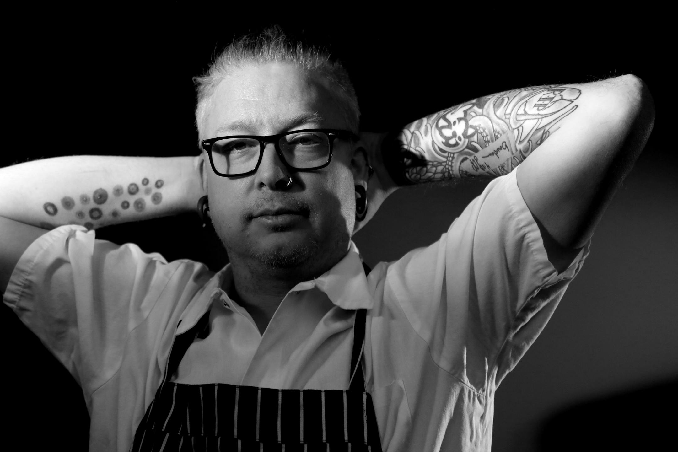 Doug Flicker of Piccolo for 010415 story on chefs with tattoos.