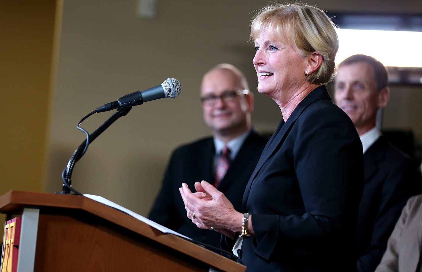 Mary Brainerd, president and CEO of HealthPartners, Inc. and Minnesota Final Four Bid Committee co-chair answers questions after the announcement that Minneapolis will host the NCAA Final Four tournament in 2019 during a press conference at TCF Bank Stadium in Minneapolis on Friday, November, 14, 2014. ] LEILA NAVIDI leila.navidi@startribune.com /