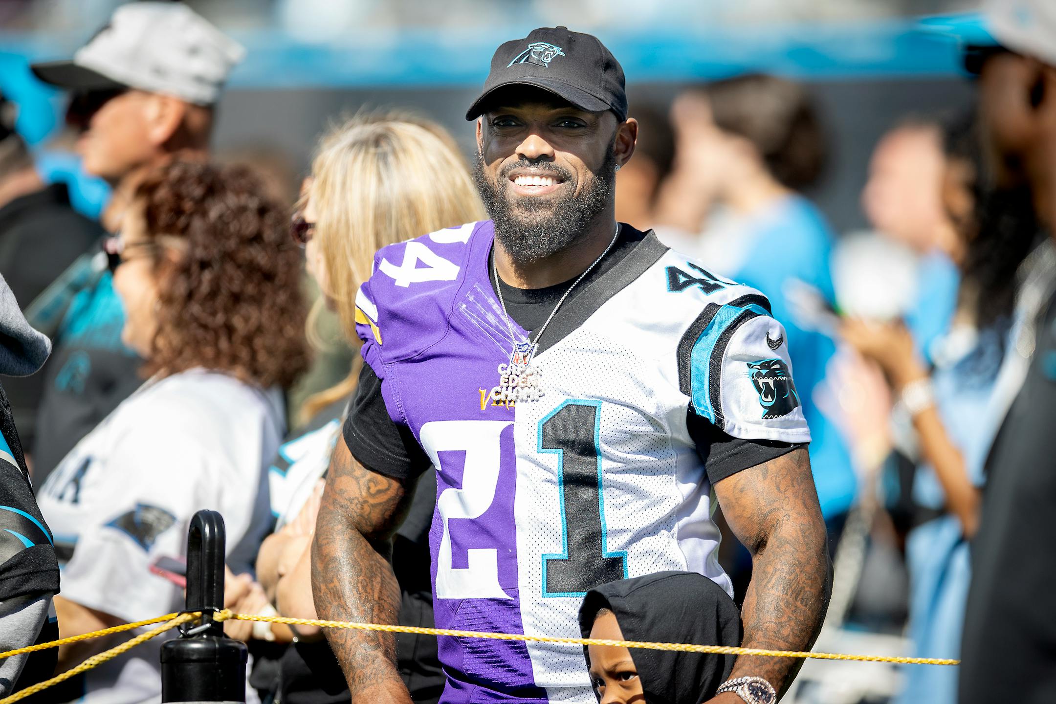 Former Viking and Panther Captain Munnerlyn showed his support for both before the game, Sunday, October 17, 2021 in Charlotte.