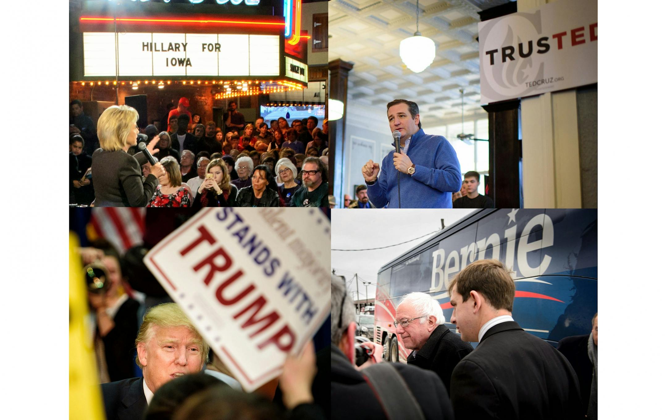 In this composite of photos from Iowa are Hillary Clinton, top left; Ted Cruz, top right; Donald Trump, bottom left, and Bernie Sanders.