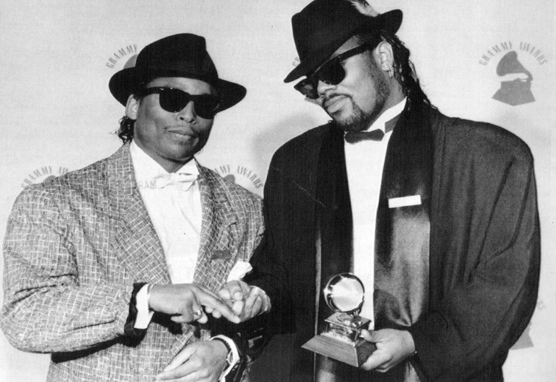 In 1987, Terry Lewis and Jimmy Jam celebrated after winning a Grammy for producer of the year; the first of five Grammys in their career.